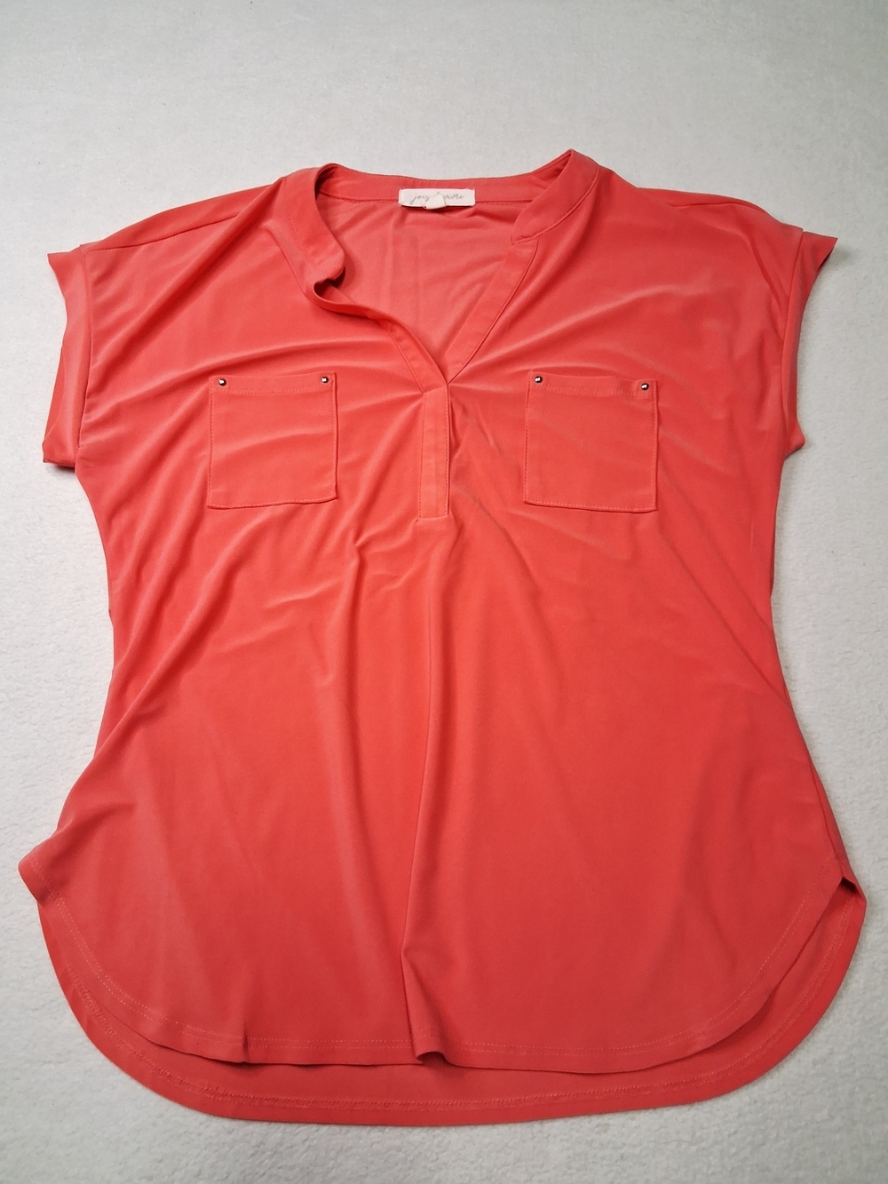 Women's Coral V-Neck Short Sleeve Pocket Tunic